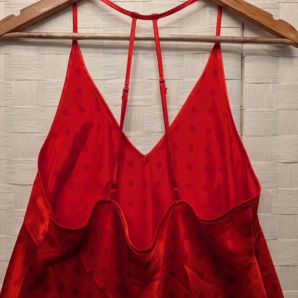 Cacique Red Polka Dot Satin‎ Chemise Lace Trim Caged Back Nightgown 14/16